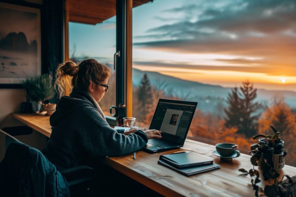Woman working on laptop at desk by window with scenic sunset over mountains.