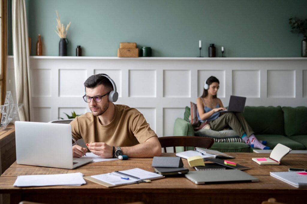 Man and woman working from home with laptops and headphones in a neatly organized living room.