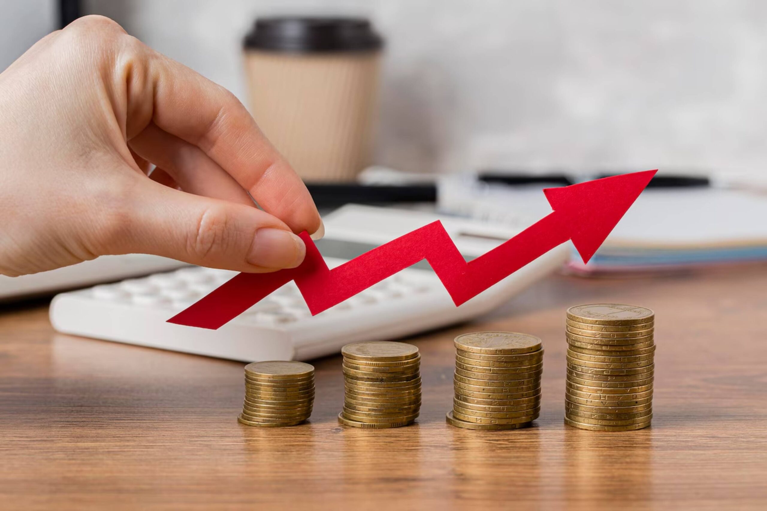Hand placing a red upward arrow over stacks of coins, symbolizing financial growth, with office items in background. 