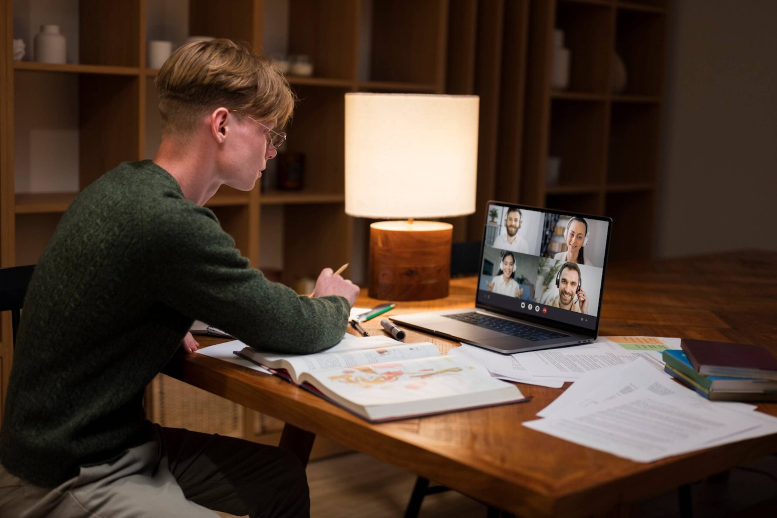 Young man participates in a video call on his laptop while taking notes at a home office desk. 