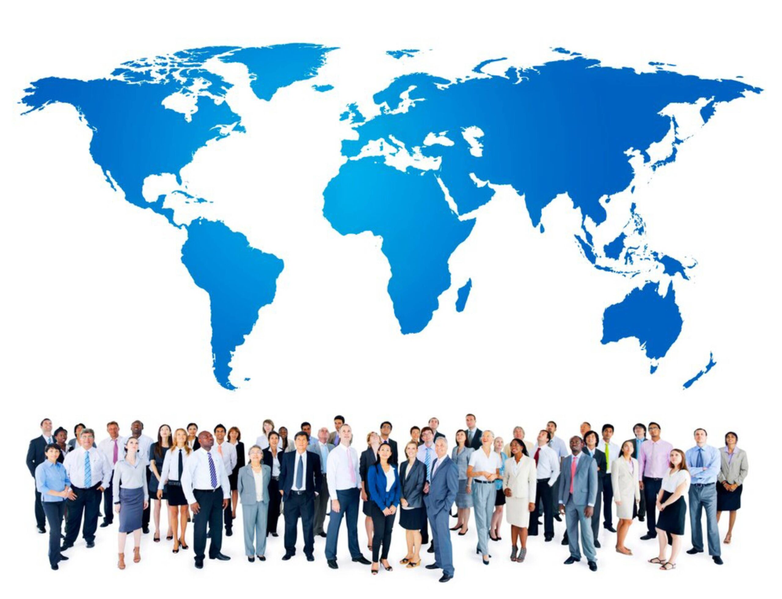  Diverse group of business people standing in front of a large world map.