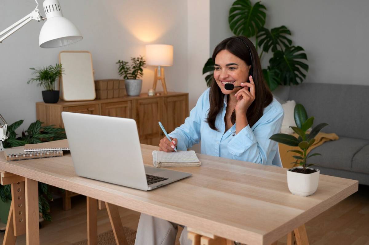 A woman using a headset and writing notes while working on a laptop in a modern home office. 