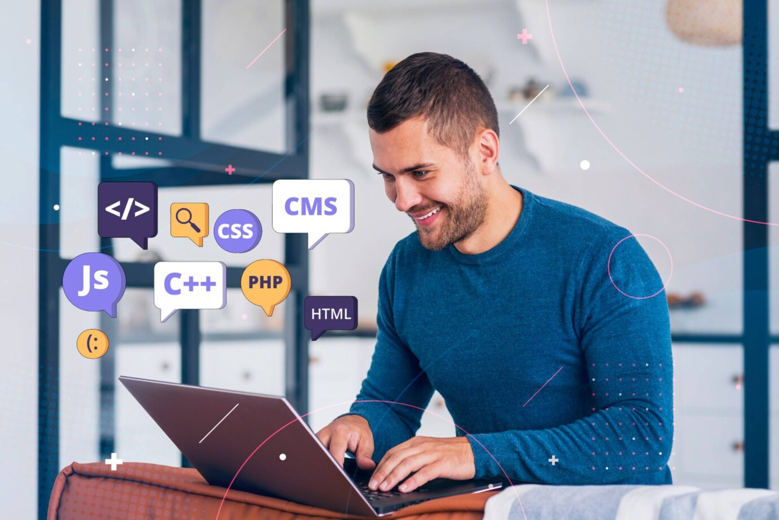  A young man smiling, working on a laptop, surrounded by floating web development icons like HTML, CSS, and JavaScript.
