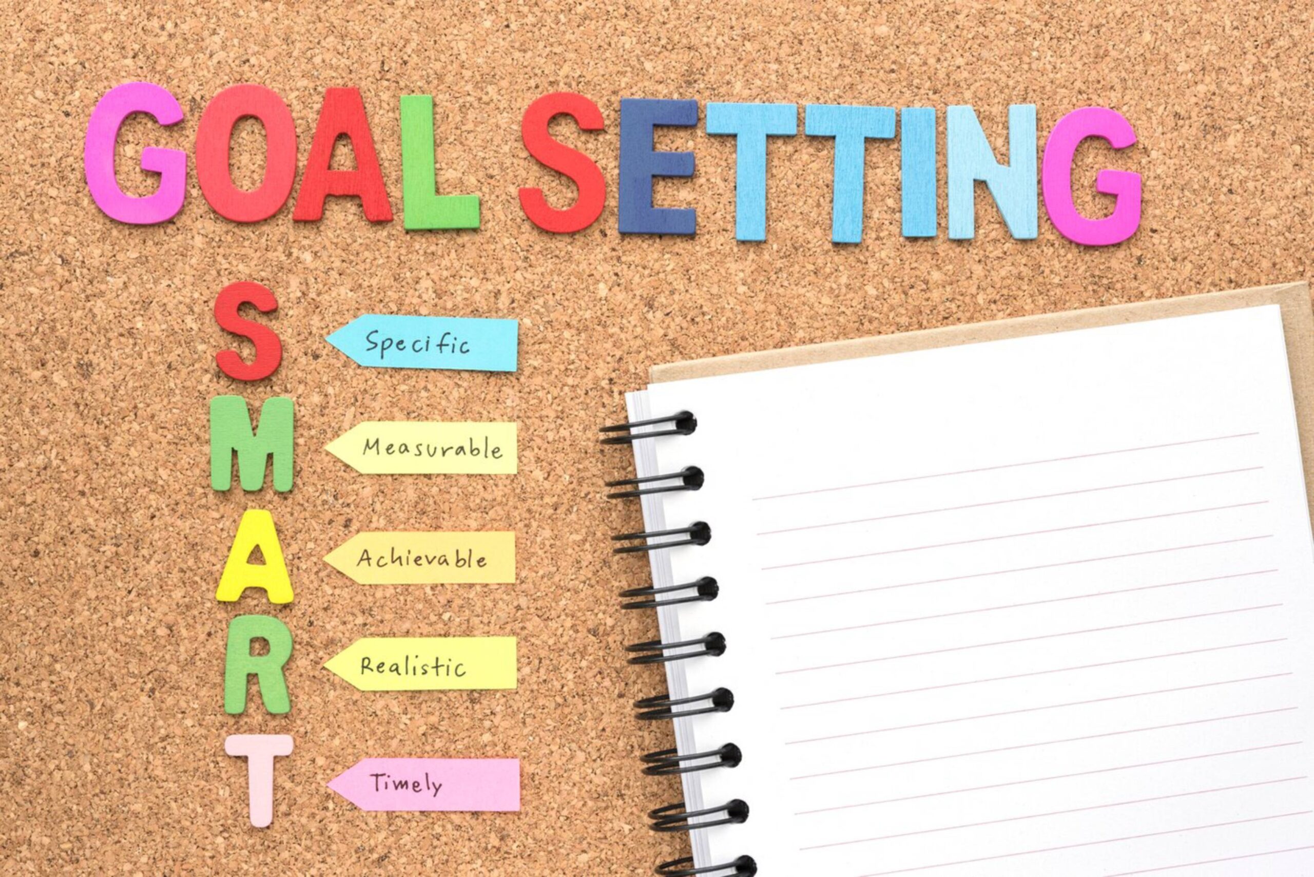  Cork board displaying GOAL SETTING in colourful letters and SMART goal attributes with a blank notebook.