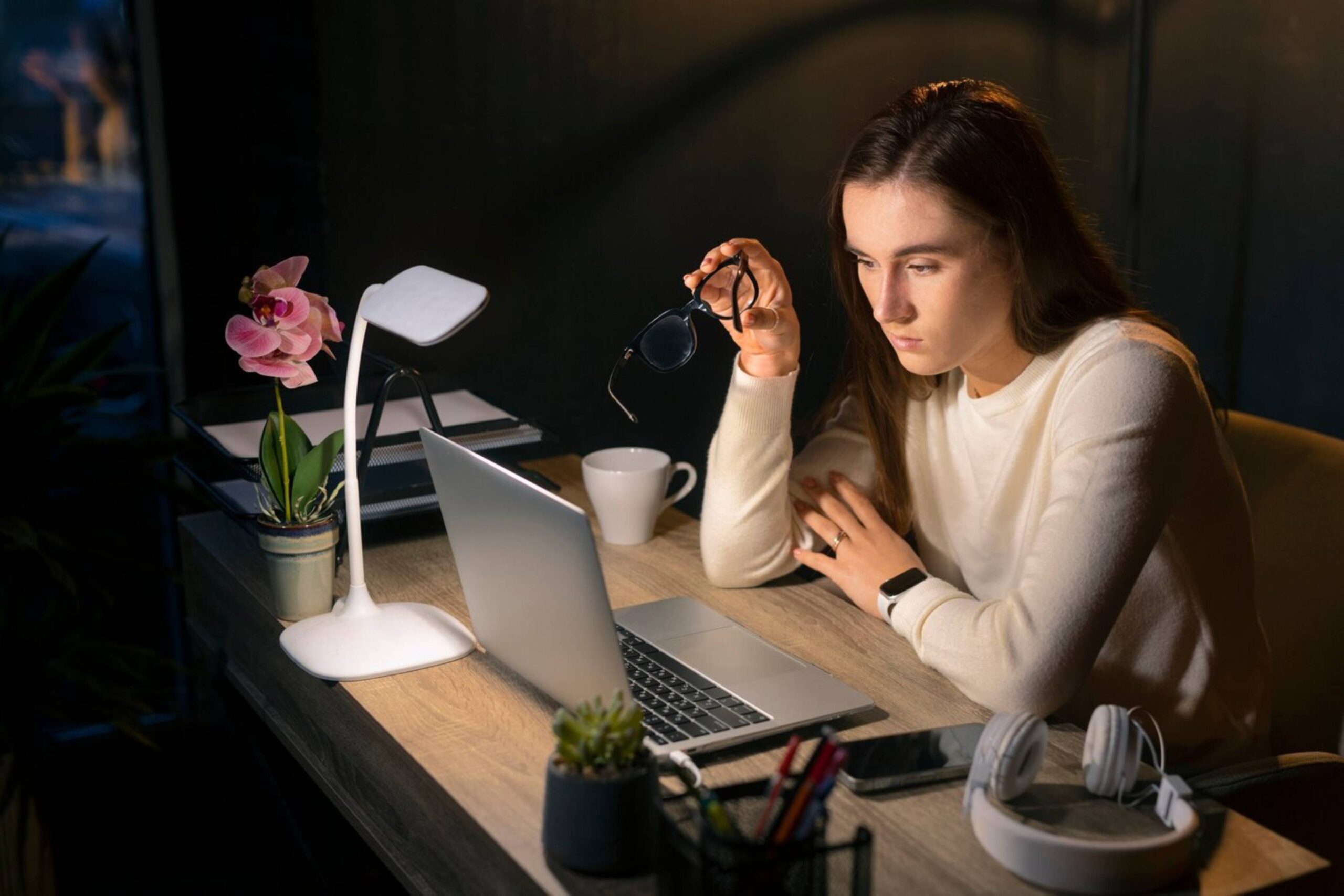  Woman concentrating on a laptop in a dimly lit room, holding her glasses and looking pensive.