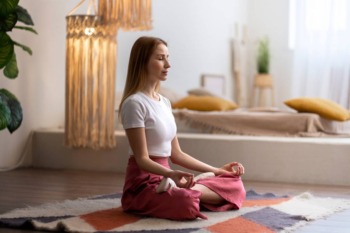 Woman meditating peacefully in a cozy, plant-filled room with soft lighting and decorative textiles. 