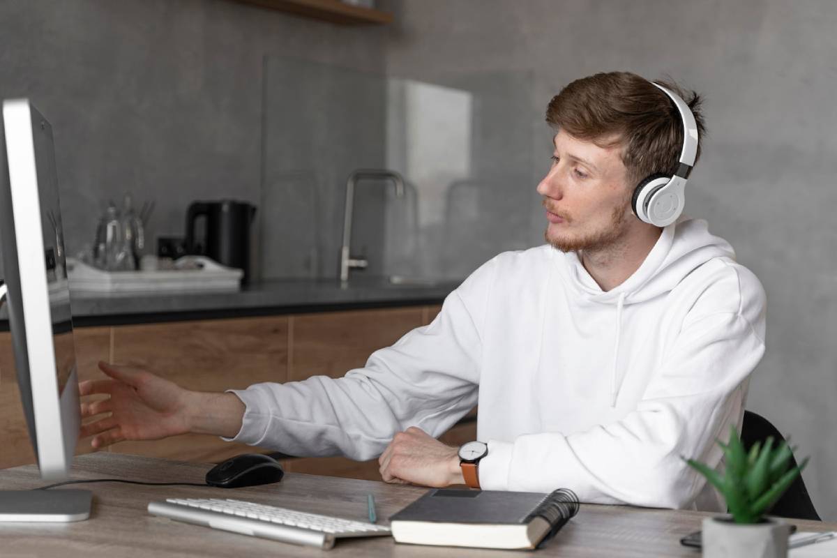  A young man wearing headphones works attentively at his desktop computer in a modern home office setting.