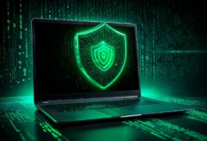 "Laptop displaying a glowing green digital shield, symbolizing cybersecurity, on a binary code background."
