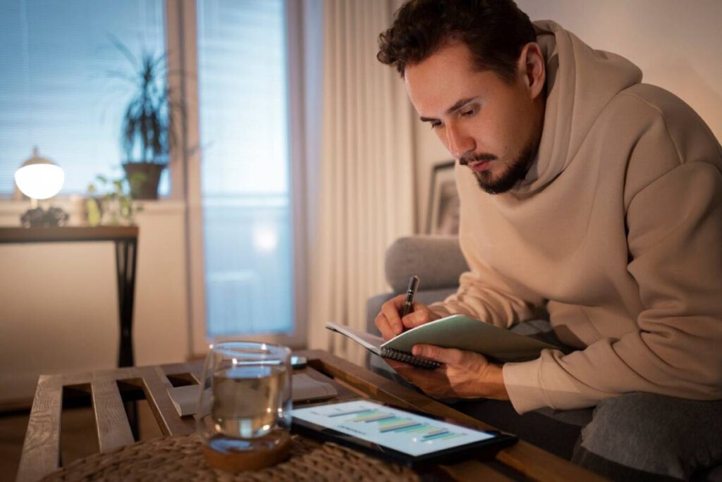 Man sitting on a couch, writing in a notebook, with a tablet and glass of water beside him.